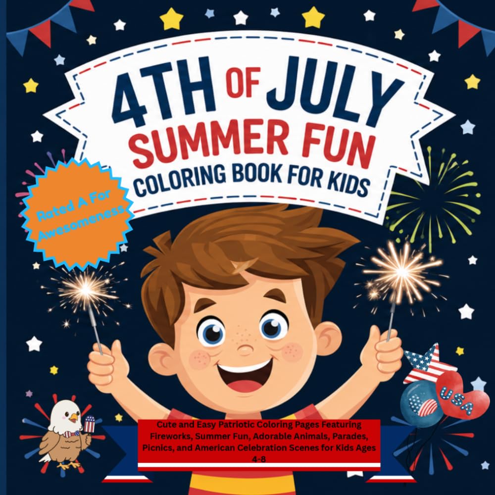 4th Of July Summer Fun Coloring Book For Kids: Cute and Easy Patriotic Coloring Pages Featuring Fireworks, Summer Fun, Adorable Animals, Parades, ... American Celebration Scenes for Kids Ages 4-8