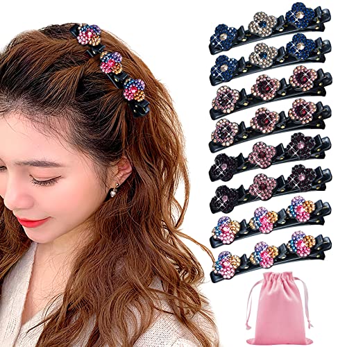 Jutieuo 8PCS Sparkling Crystal Stone Braided Hair Clips for Women and Girls Four-Leaf Clover Chopped Hairpin Duckbill Clip with 3 Small Clips Multi Clip Hair Barrette with Storage Bag for Sectioning