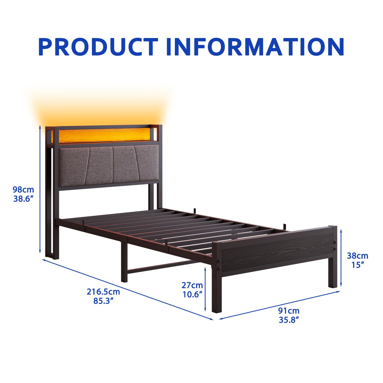 Cama tapizada de 90 x 200 cm con somier, cama individual juvenil cama de metal 90 x 200 cm con cabecero y espacio de almacenamiento