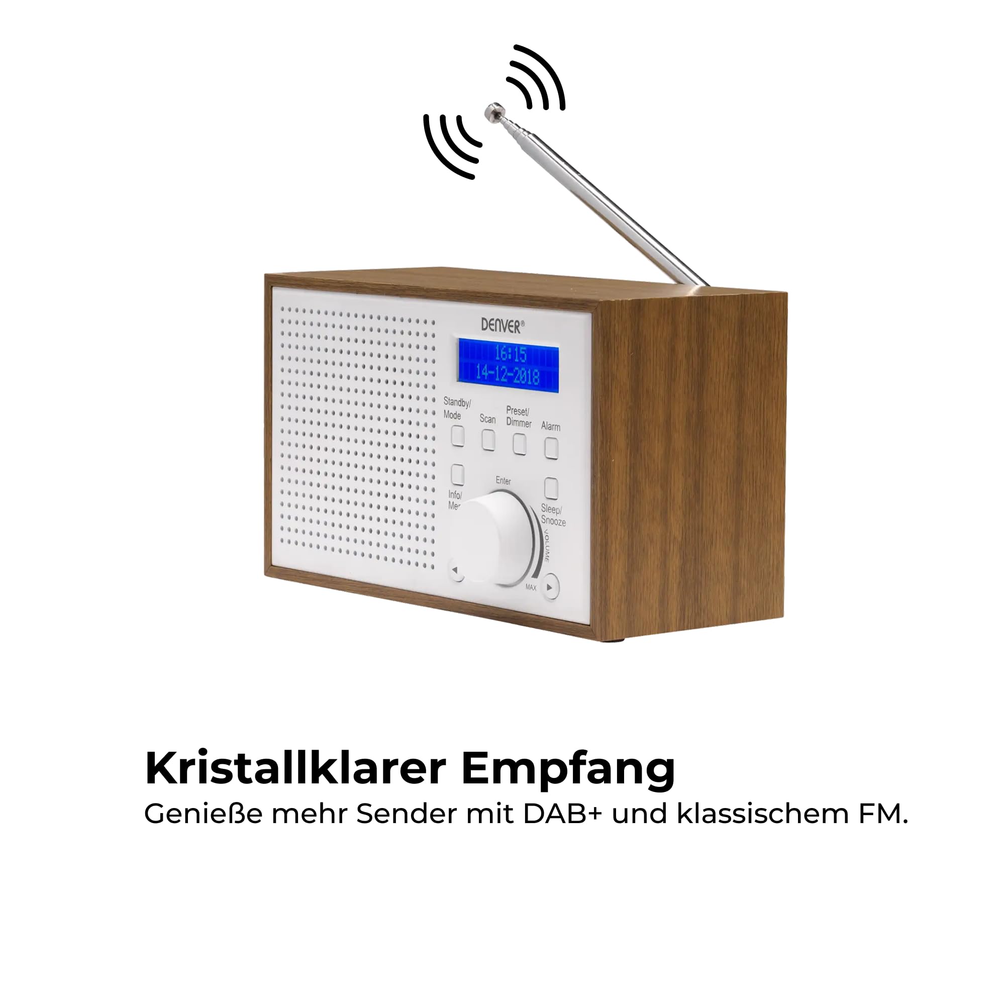 Enver DAB-46W Digitalradio DAB+ FM Wecker Holzoptik Weiß | LCD-Display, automatische Uhrzeit, Teleskopantenne, Netzteil, 4x AA