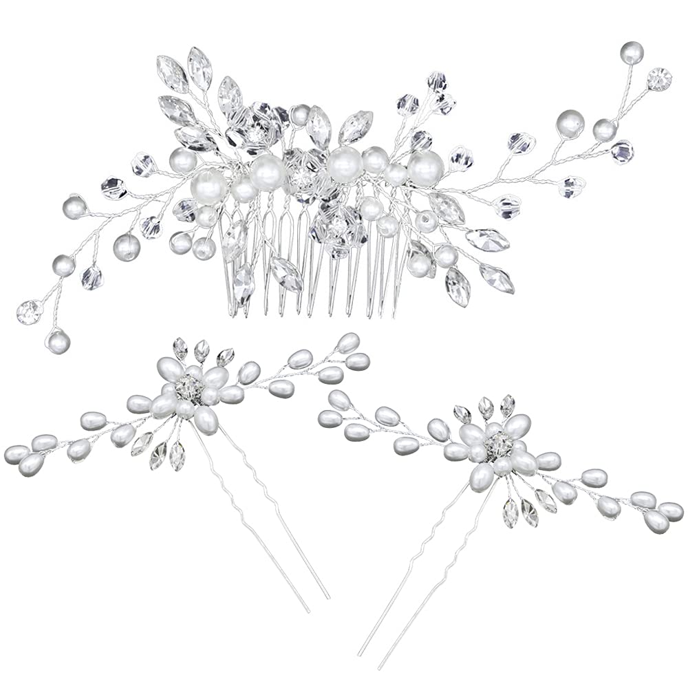 Tucireat Tocados de Pelo 3 Piezas Adornos para el Pelo Tocado Novia Adornos para Pelo Peineta Novia Adorno Pelo Boda Tocados de Comunion Novias Accesorios para Boda Comunion Plata