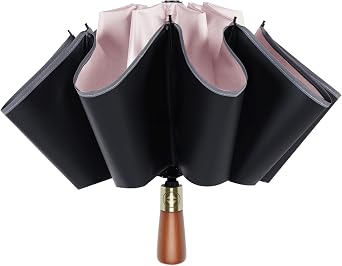 Automatic Inverted Rain Umbrella with Reflective Strip, Wooden Handle Large Windproof Folding Umbrella
