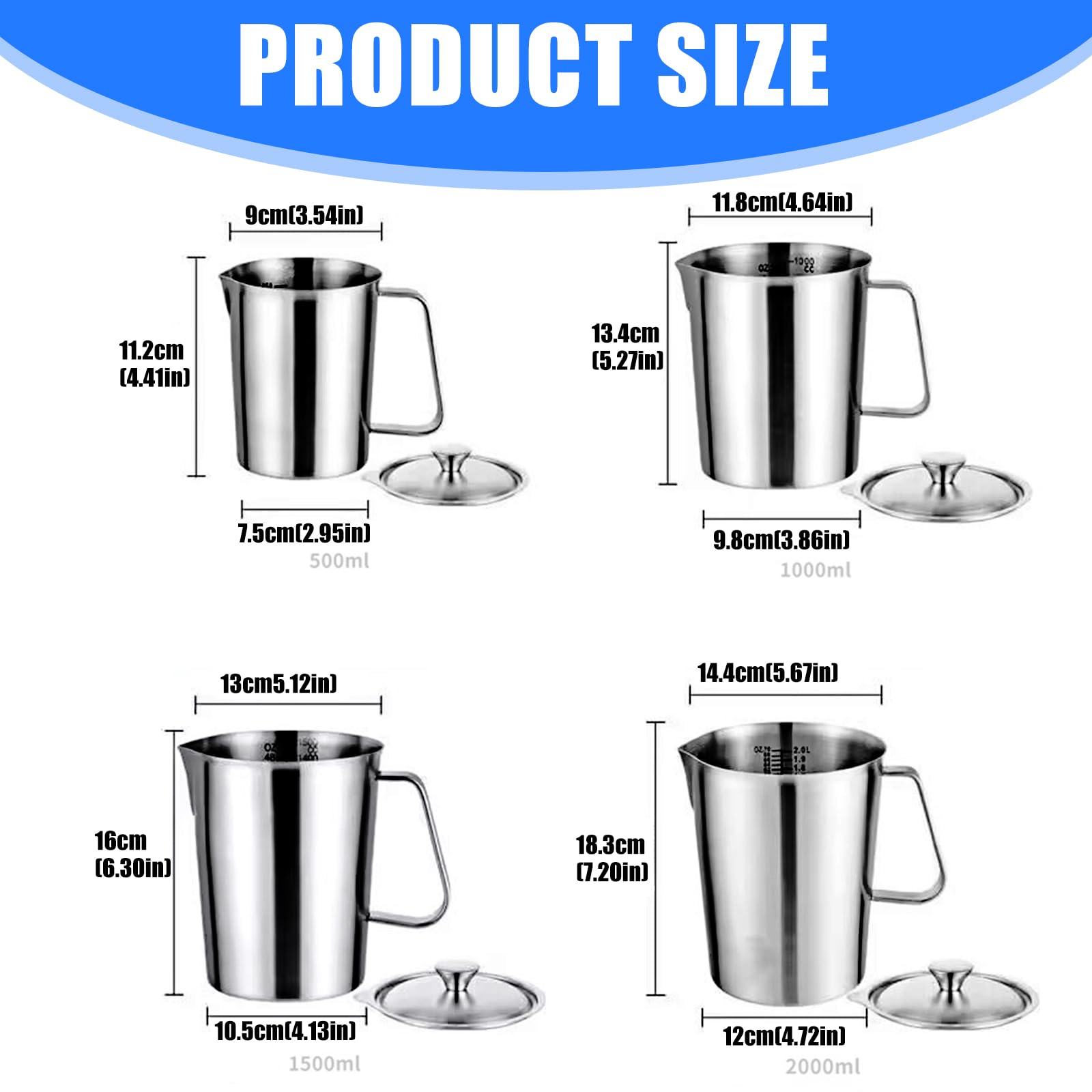 Taza medidora de acero de grado alimenticio 304 con marcas de medición claras, accesorios de preparación de café antioxidante perfectos para latte capuchino y hornear