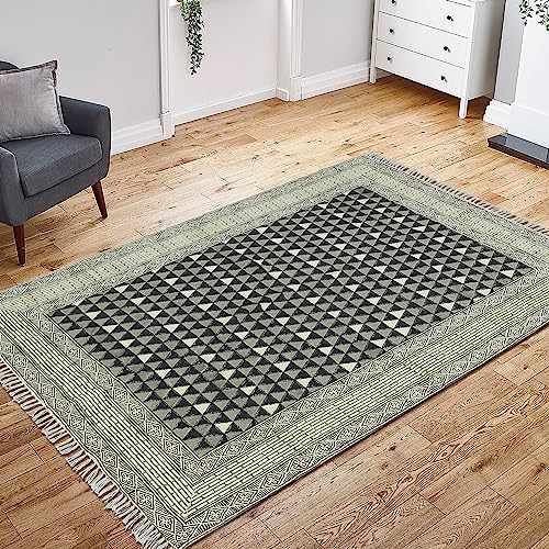 Tapis indien coton géométrique noir gris dhurrie salon bureau 1,5x2,4m