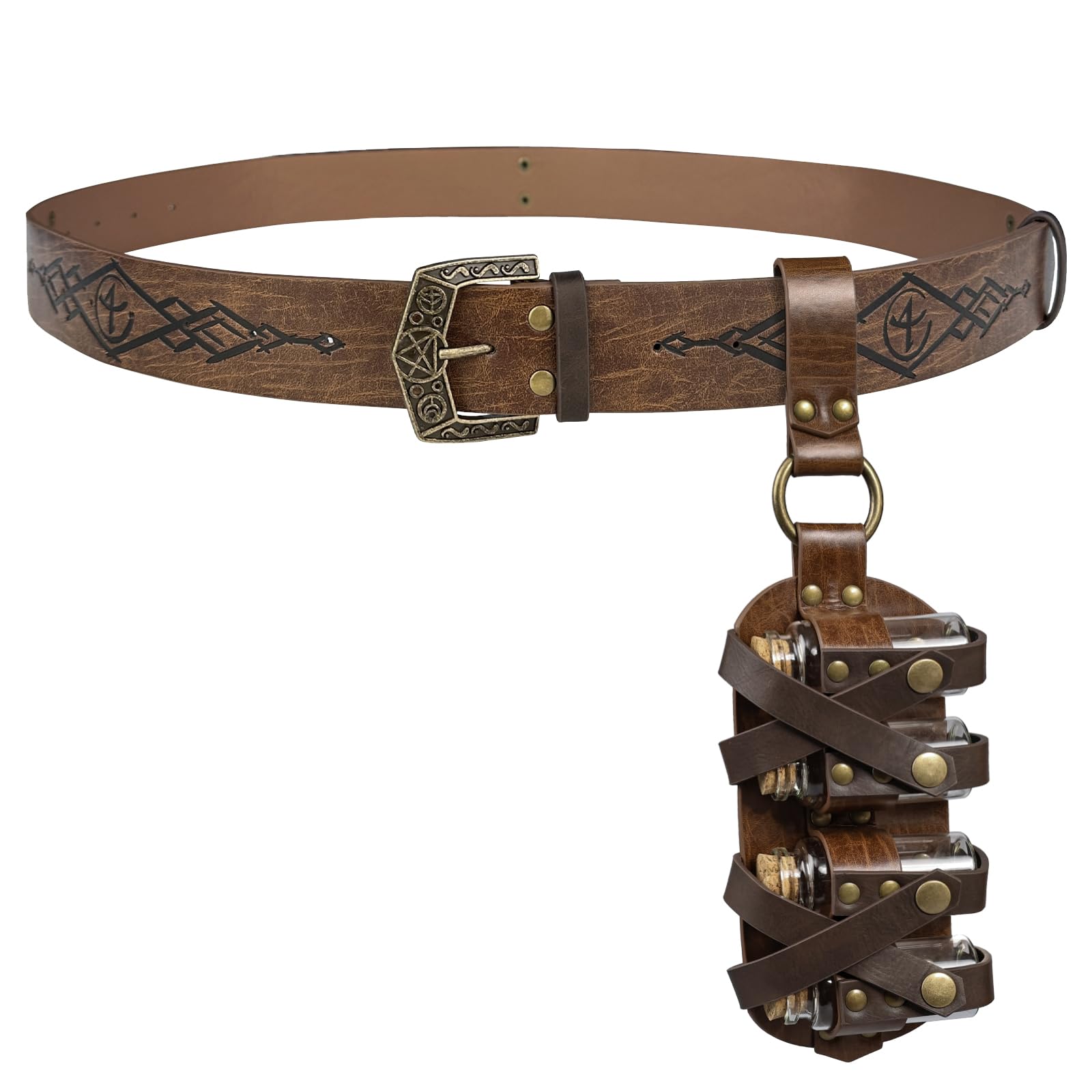 HiiFeuer Medieval Embossed Alchemy Faux Leather Buckle Belt with 4 Cork Vials, Fantasy Wizard Potion Bottles Belt