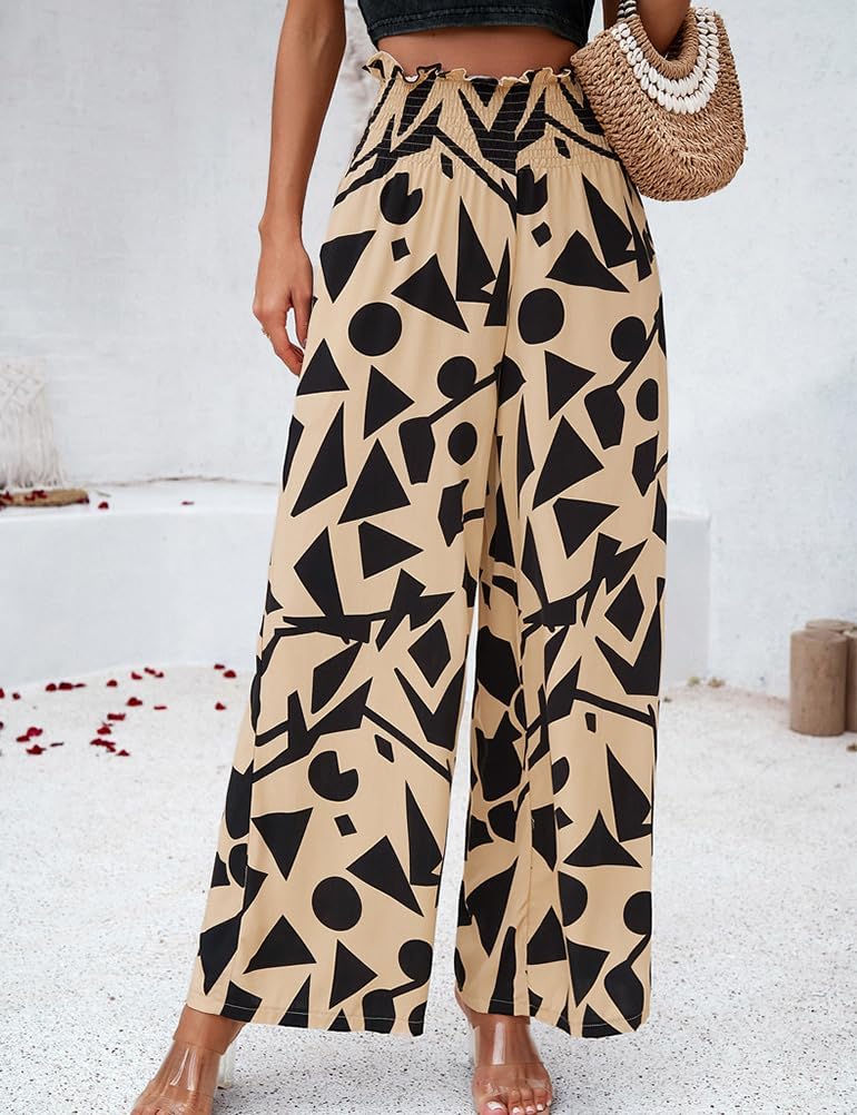 Floral Wide Leg Pants for Women Elastic Waist Vacation Travel Beach Lightweight Baggy Flowy Pants