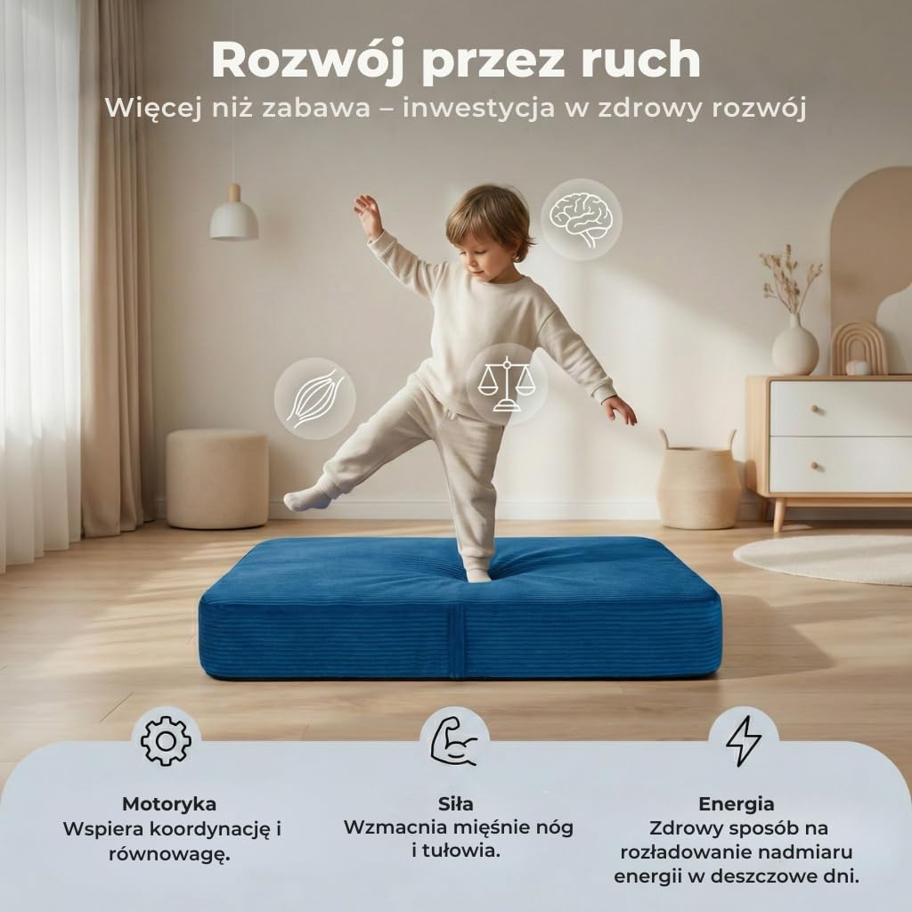 Poduszka do skakania dla dzieci 70x110x17 cm Trampolina domowa ze sprężynami i pianką Zdejmowany pokrowiec sztruksowy Grafitowy