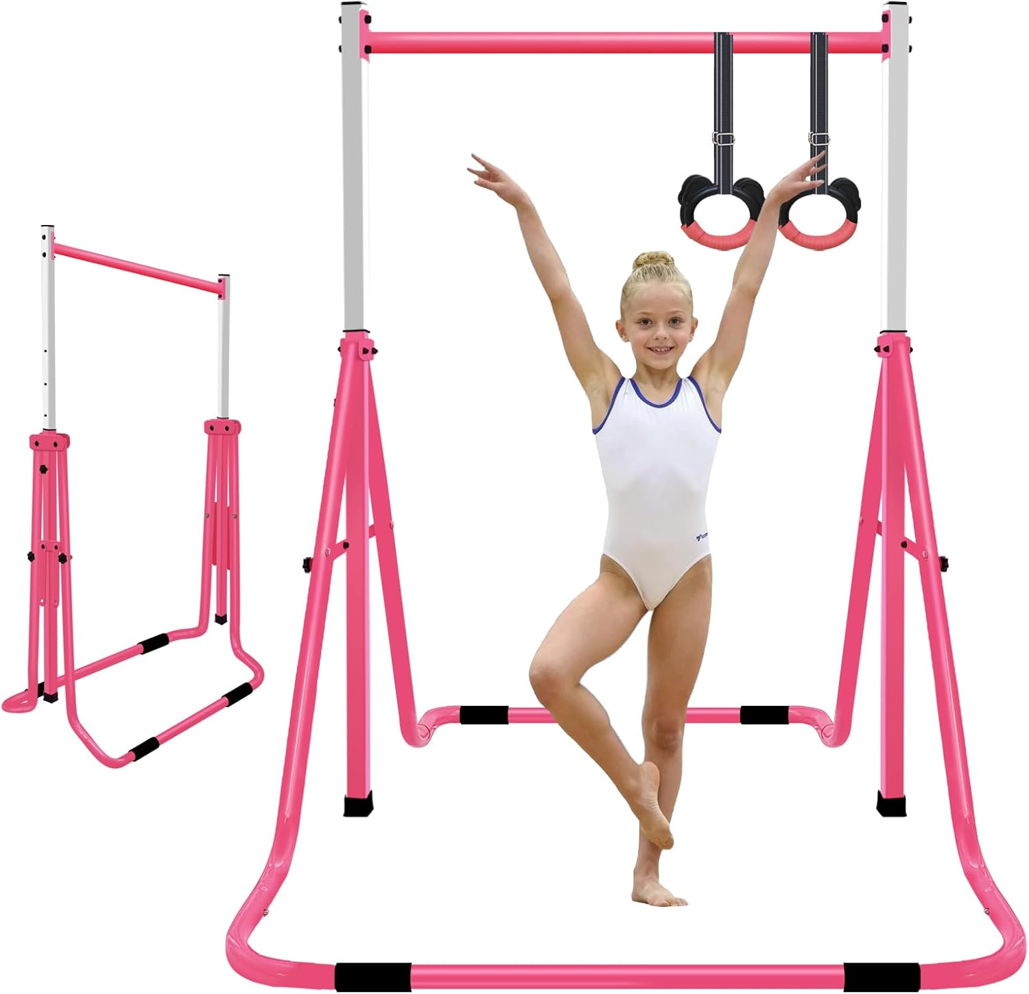 Gymnastics Bar for Kids, Adjustable Height Gymnastic Horizontal Bars, Folding Gymnastic Junior Training Monkey Bars Equipment for Home Indoor/Outdoor Using, Pink