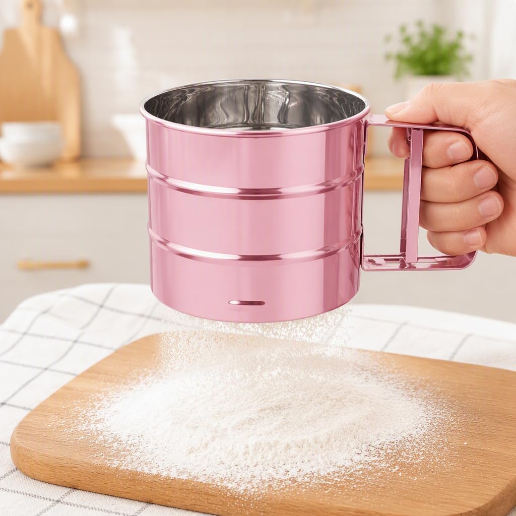 Tamizador de harina de Acero Inoxidable de Gran Capacidad: Tamizador Manual para harina de repostería y azúcar Glas (Rosa)