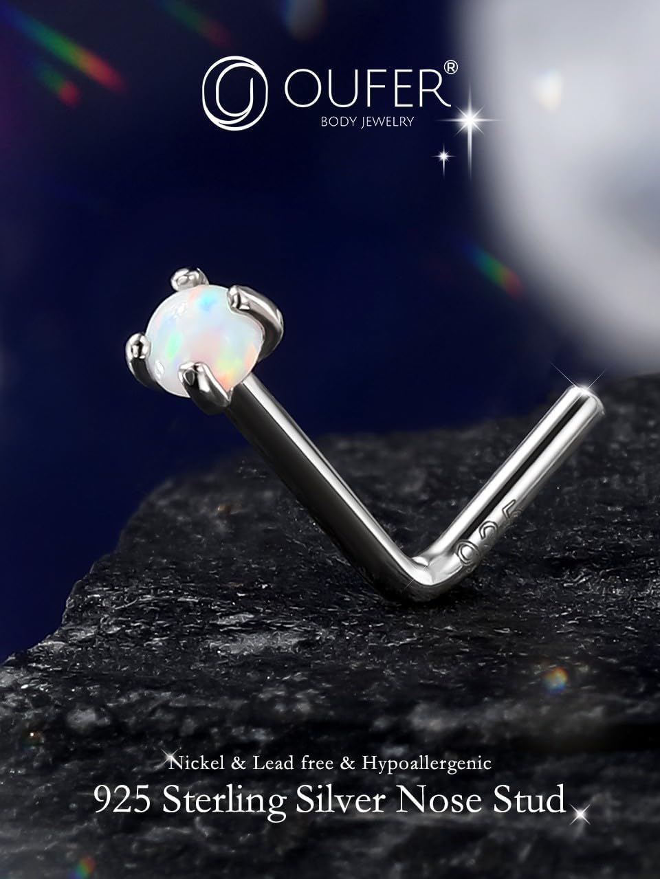 OUFER White Opal Nose Studs, 925 Sterling Silver Nose Rings, 20G Nostril Piercing Jewelry, Tiny Nose Rings Studs, 2mm Round Opal Nose Piercing Jewelry, Silver L-Shaped Nose Rings For Women Men-7mm - Image 2