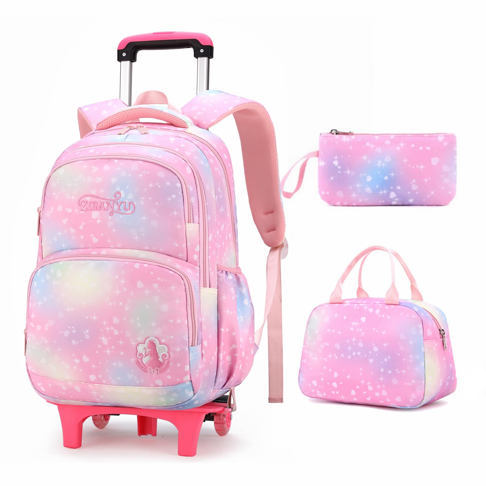 3Pcs Rolling Backpack for Girls Dream Princess Wind Bookbag with Wheels Travel Bag Trolley School Bag with Lunch Box Pink