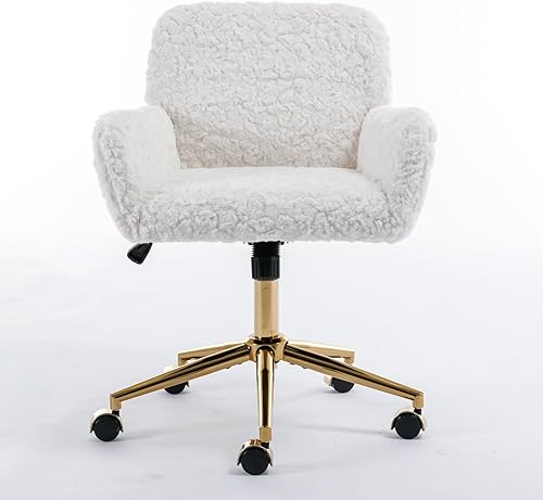 Miniatura 9 de HomVent Bonita silla de oficina peluda, moderna silla de escritorio de piel sintética blanca, silla de escritorio de maquillaje con ruedas y base