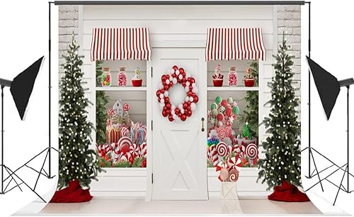 Miniatura 8 de Lofaris Telón de fondo de Navidad de invierno con texto en inglés "Merry Christmas" Sweet Candy Storefront Cottage, guirnalda de Papá Noel, luces