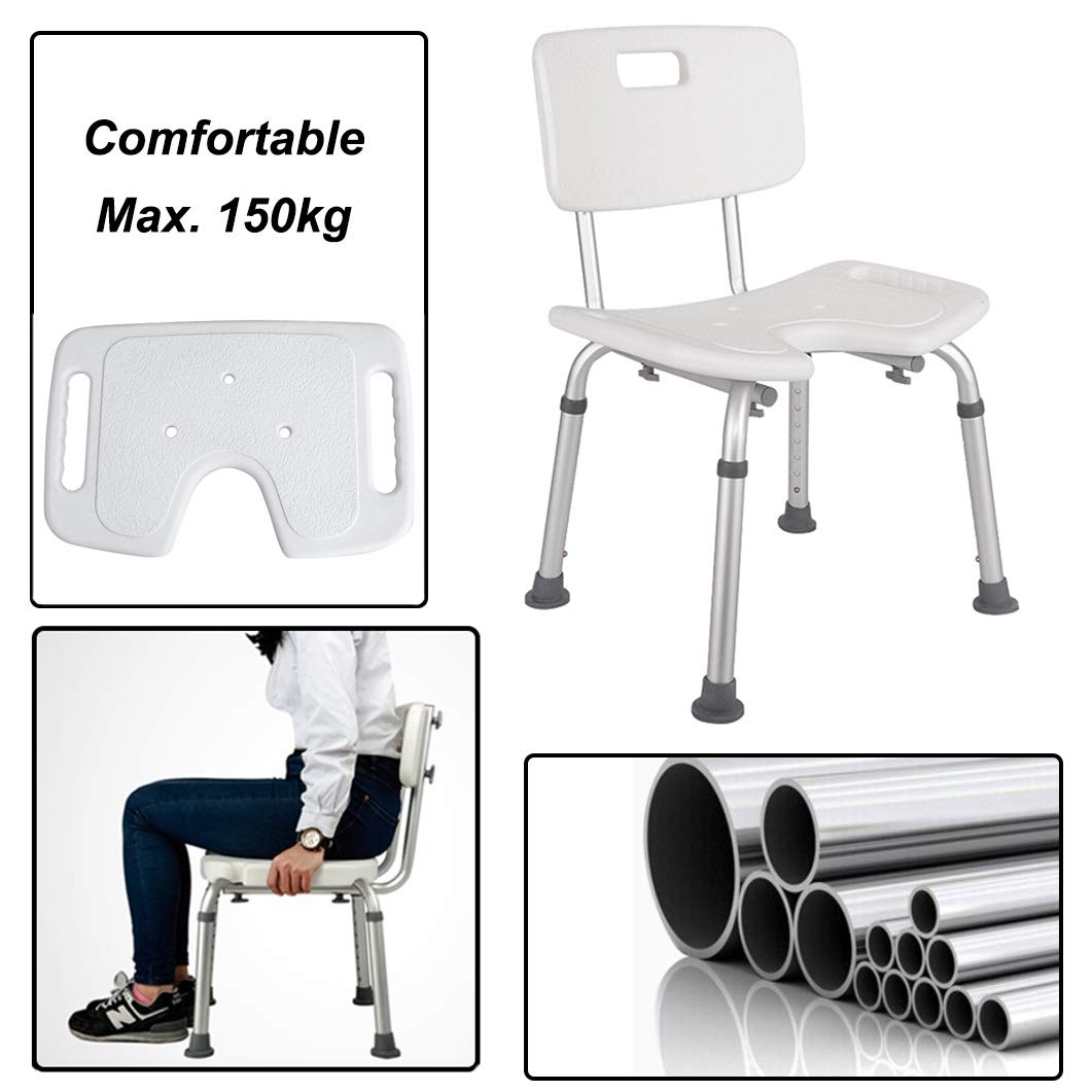 Taburete de Ducha 150 kg, Asiento for el baño con Respaldo, Sillas de Ducha y bañera Asiento Bancos for Ancianos, discapacitados, Ajustable Hight Antideslizante de diseño, Blanco