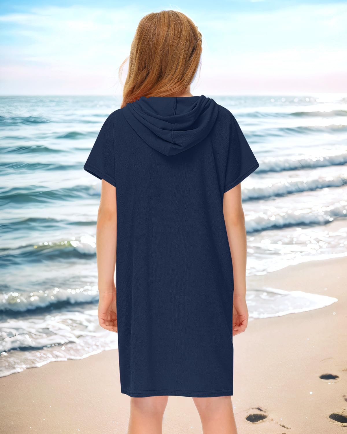 BesserBay Mädchen Handtuch Strandponcho Badeponcho Seitentaschen mit Kapuze Blau Reißverschluss Surf Poncho 130