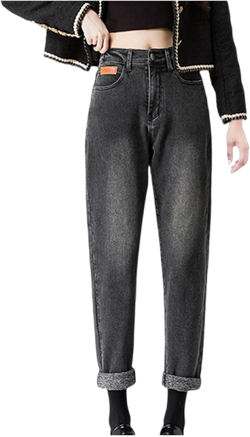 Plus Size Women High Waist Baggy Jeans Fleece Lined Straight Leg Jeans Loose Warm Boyfriend Jeans Y2K Denim Pants