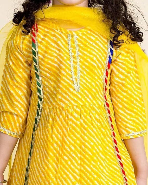 Image of Naixa Girl's Rayon Chanderi Yellow White Solid Printed Top With Sharara and Dupatta 3 /4 Sleeve | Kurta Sharara Set For Girl's