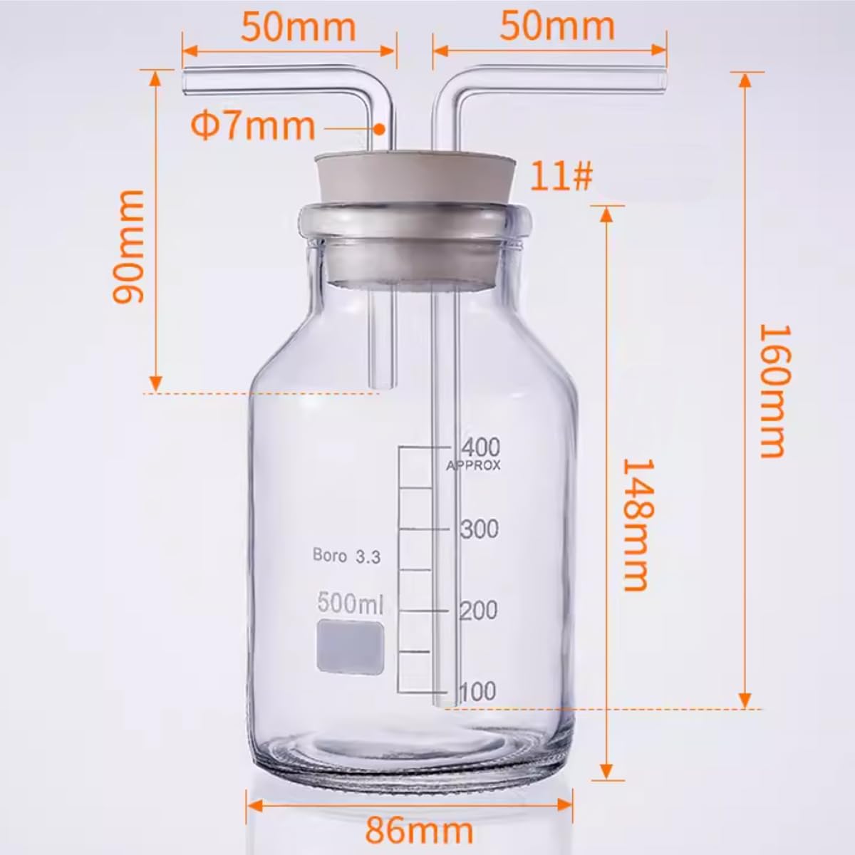 Laborflasche aus Borosilikatglas, abgestufte Gas-Waschflasche, Pufferflasche für Labor, Chemie, Labor, Glaswaren-Set (500 ml)