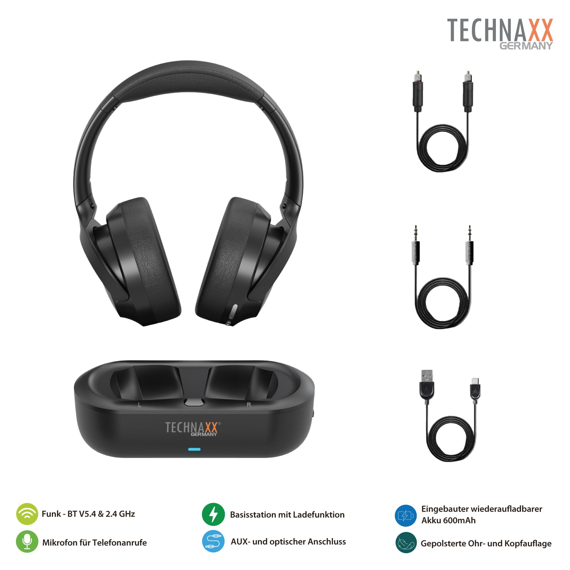 Technaxx TV Kopfhörer kabellos mit Ladestation – Funkkopfhörer für Fernseher mit Bluetooth 5.4, Mikrofon, 30h Akku, USB-C, optischer & AUX-Anschluss, Over-Ear Stereo Headset - TX-350