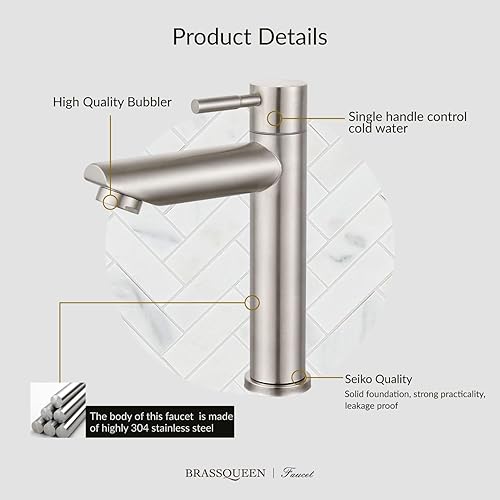 Miniatura 4 de brassqueen Grifo de agua fría solo para baño, lavabo de níquel cepillado SUS 304, un agujero, moderno montaje en cubierta, grifo de lavabo comercial