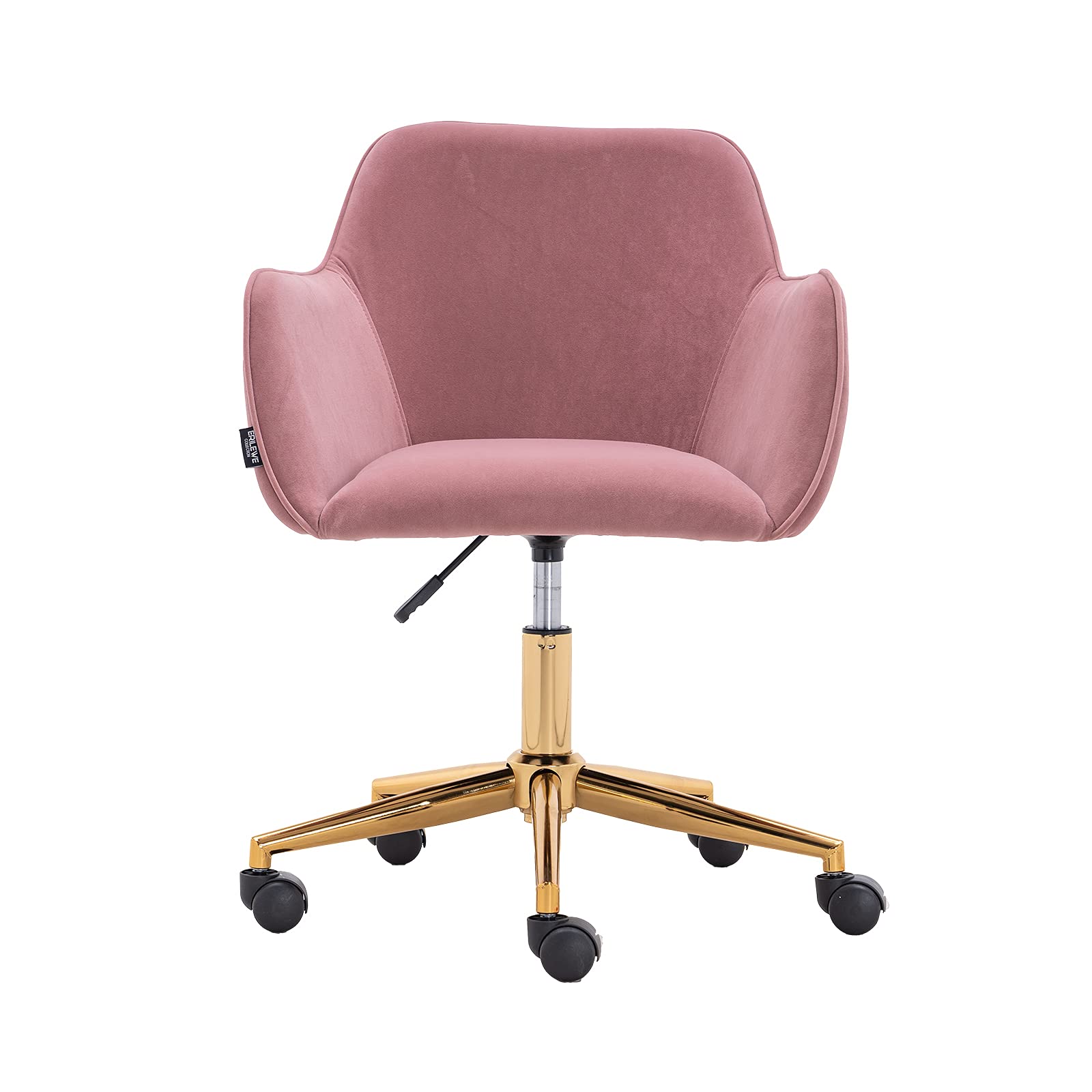 Silla de escritorio giratoria de terciopelo con altura ajustable, moderna silla de oficina en casa con base de metal dorado,silla de escritorio tapizada para el hogar,la oficina y el dormitorio - rosa