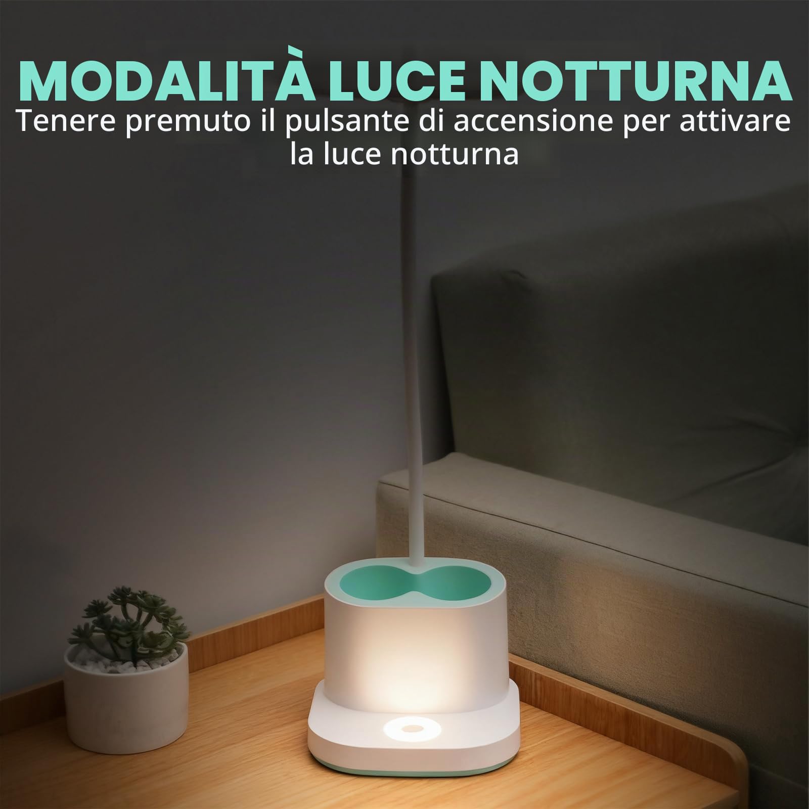 Lampada da Scrivania Ricaricabile 2400mAh, 3 Livelli Luminosità | Collo Flessibile 360°, Portapenne e Luce Notturna, Lampada da Tavolo Senza Fili per Camera da Letto, Studio, Bambini, Bianca
