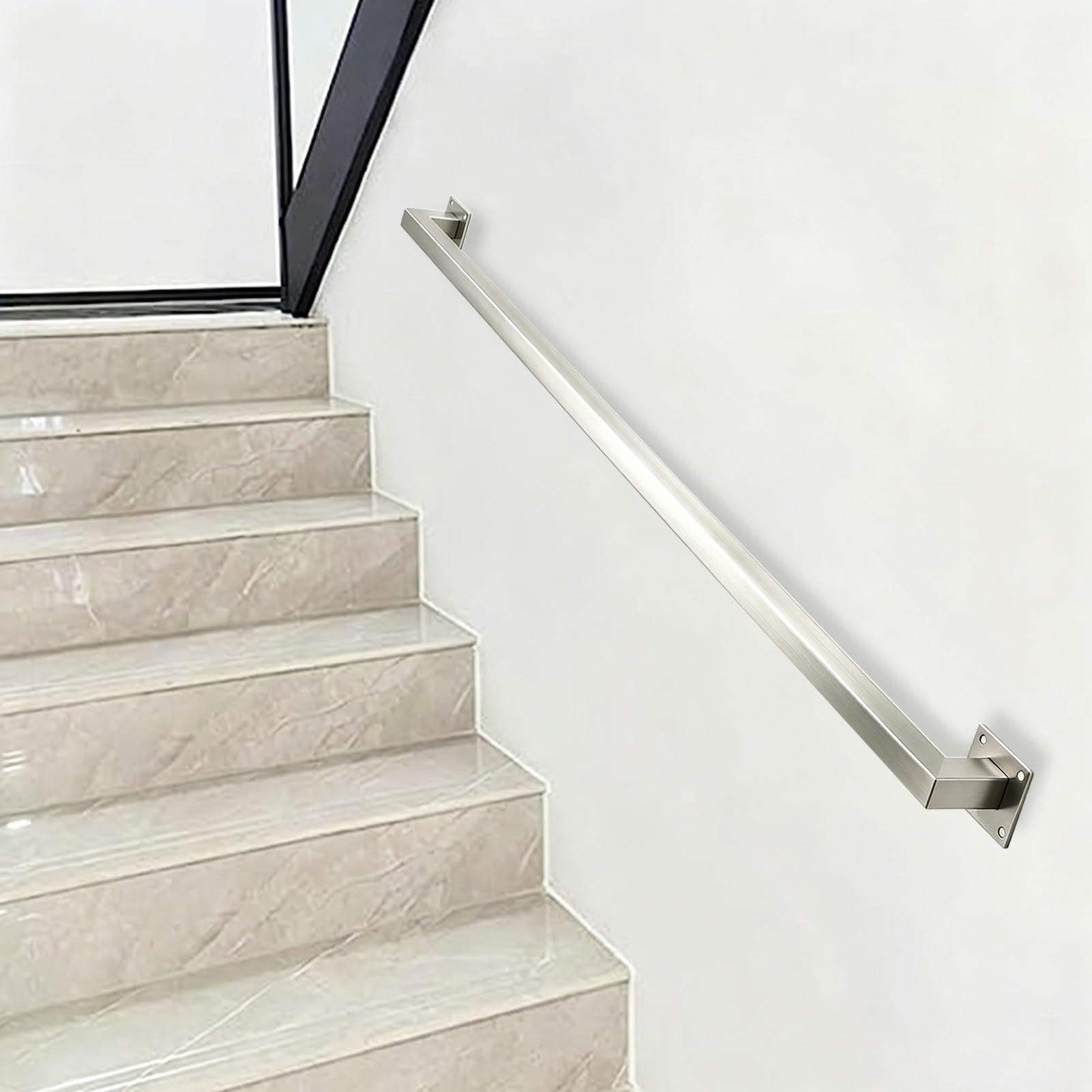 1Ft-20Ft Wall Mount Stair Railing - Stainless Steel Handrail Support Kit for Terraces Balconies Porch Deck - Silver Square Tube Banisters Rust-Resistant Grab Rail(12ft/3600mm)