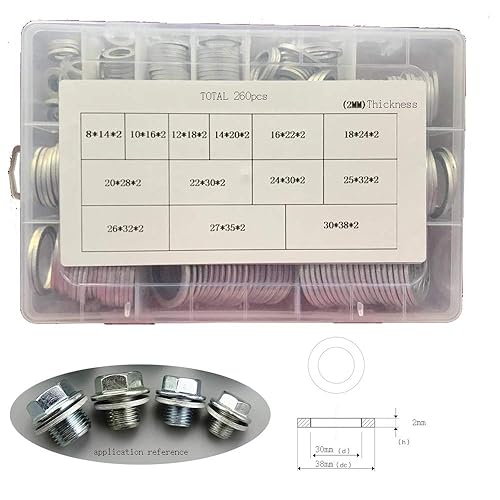 Miniatura 2 de Kit surtido de 260 juntas de arandelas de anillo plano de aluminio métrico de 13 tamaños