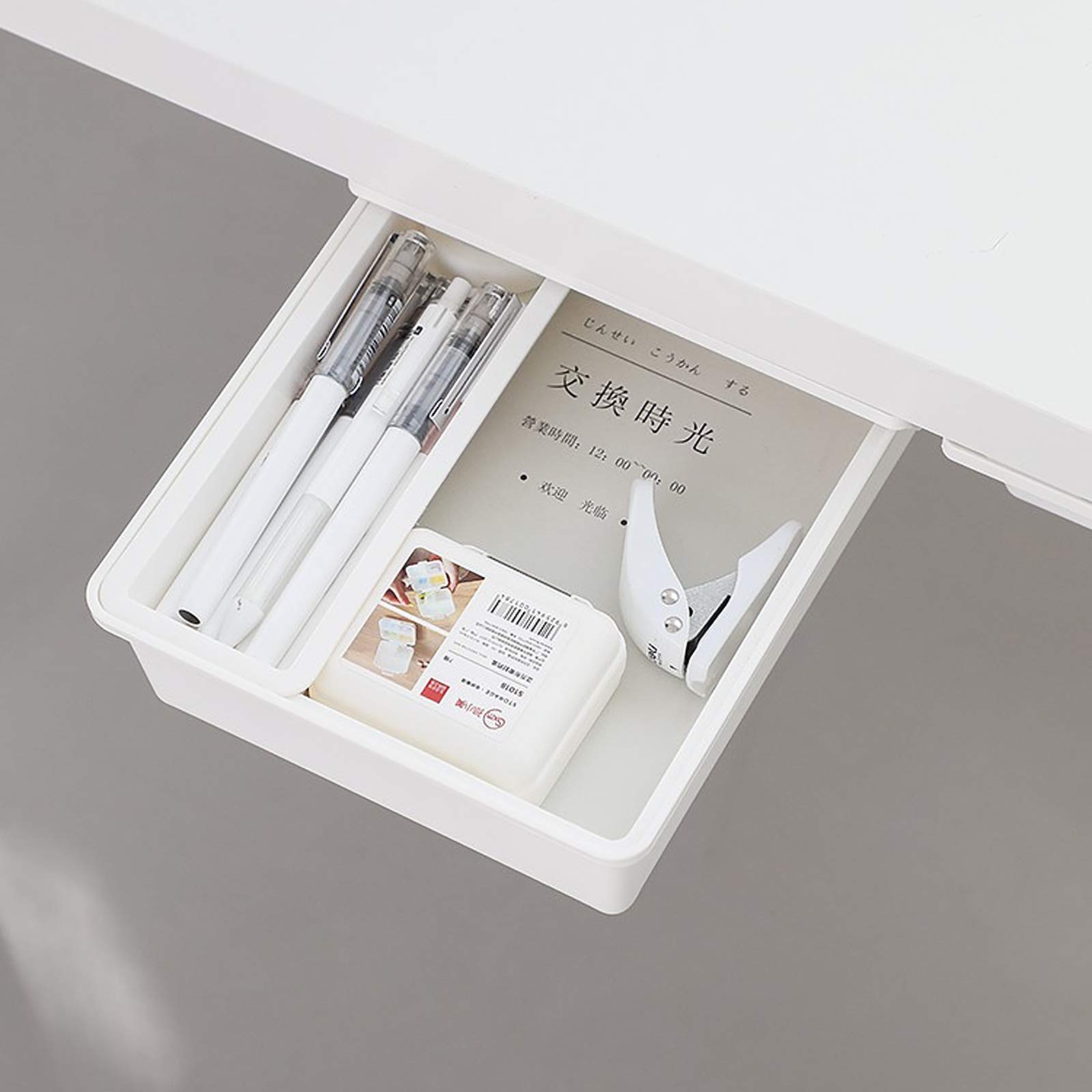 Photo 1 of Under Table Drawer Hidden Pencil Organizer with Tray Self-Adhesive Under Desk Storage for School/Kitchen/Bedroom/Office (with 10×Cable Organizing Clip)