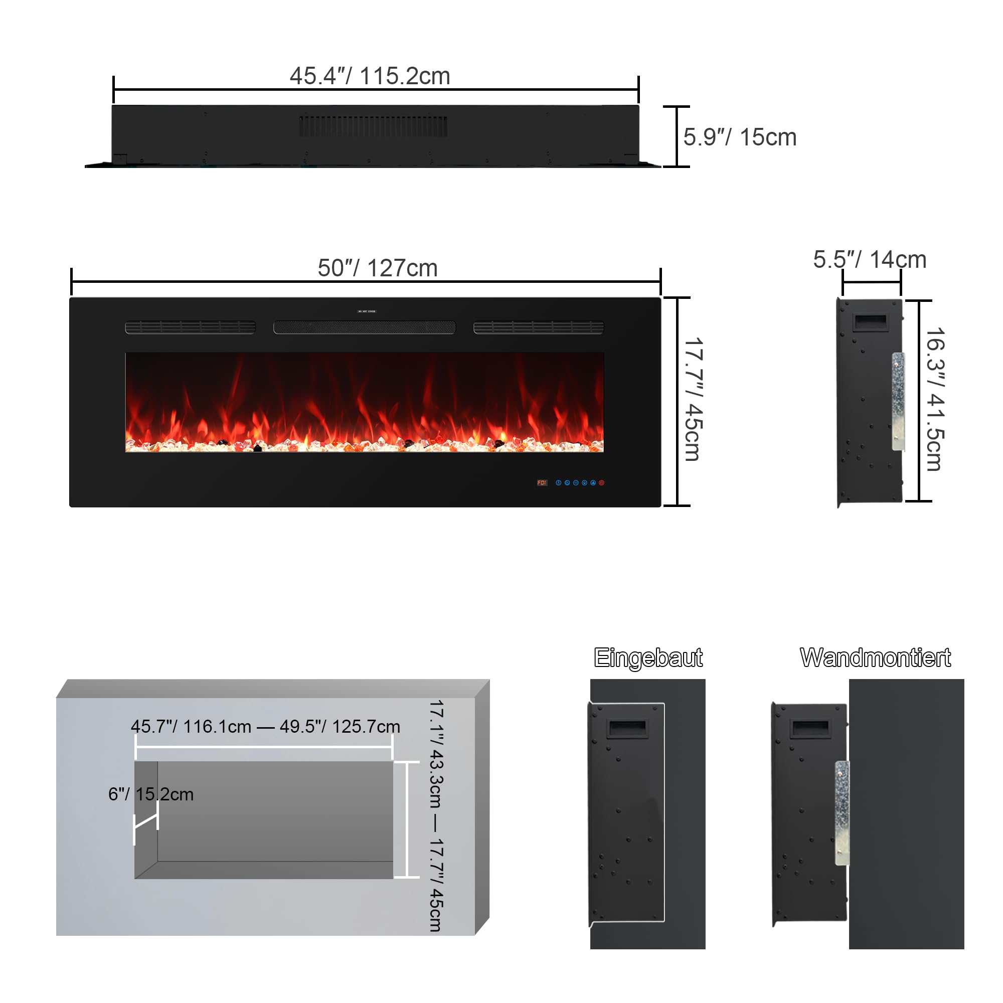 127 cm caminetto elettrico, caminetto da incasso e riscaldamento a parete, caminetto lineare 750W/1500W con telecomando, touchscreen, 13 colori di fiamma, timer, cristallo Log
