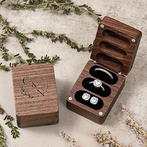 Esseur Caja cuadrada personalizada de madera para anillos, caja de anillo de propuesta para 3 anillos, caja portadora de anillos para boda, propuesta de compromiso