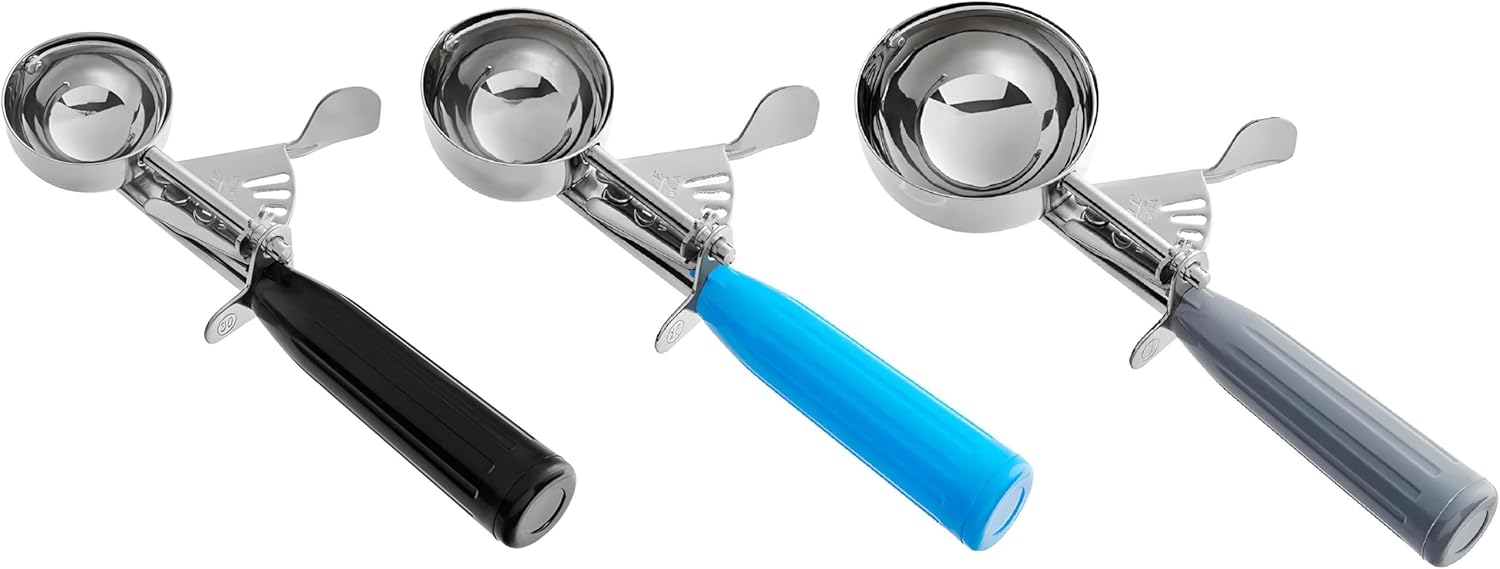 3-Pack Portion Disher Scoop Set | Round Stainless Steel Multipurpose Kitchen Scoops for Cookie Dough, Ice Cream, Baking, Batter, Meatballs, Rice, and Melon Balls (1.25-2.75-4 oz (#30-#16-#8))