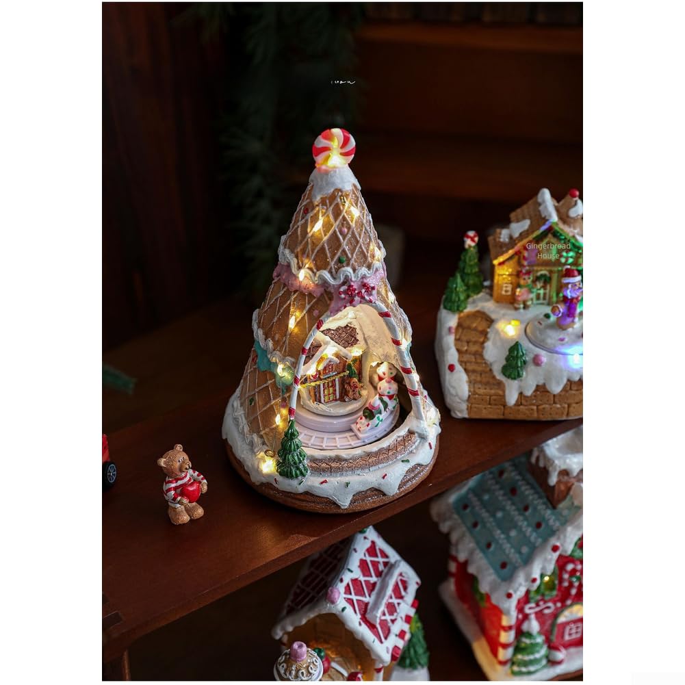 Casette di Natale in resina con scena di neve, villaggio di neve rotante con musica e luce LED per Natale e feste in casa (B)