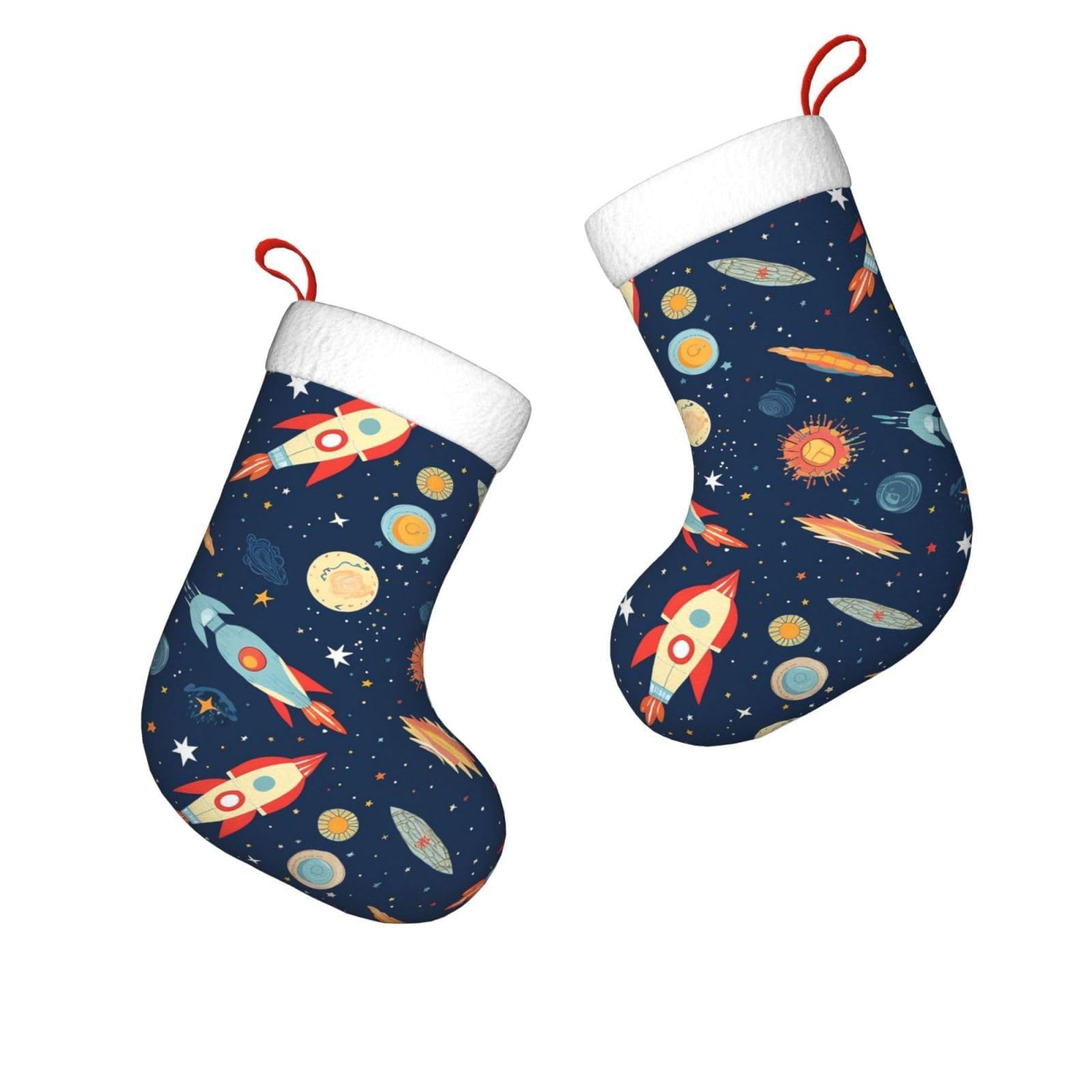 FodPand 17.7" Christmas Stocking 1 Piece, Rocket in Space Xmas Stockings with White Plush Cuff Fireplace Hanging Stocking for Christmas Holiday Party Decoration