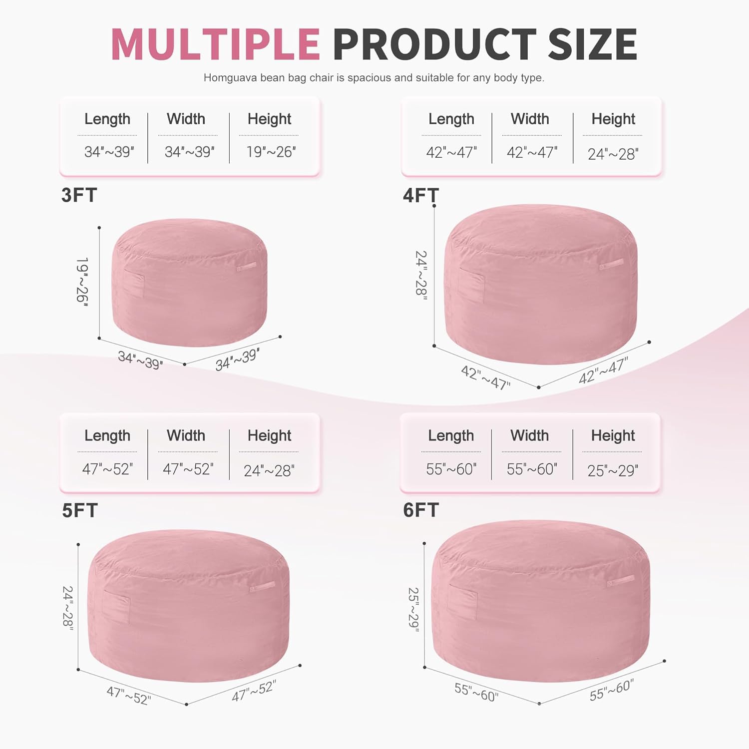 Homguava 5 FT Bean Bag Chair: 5' Bean Bags with Memory Foam Filled, Large Beanbag Chairs Soft Sofa with Dutch Velvet Cover-Purple