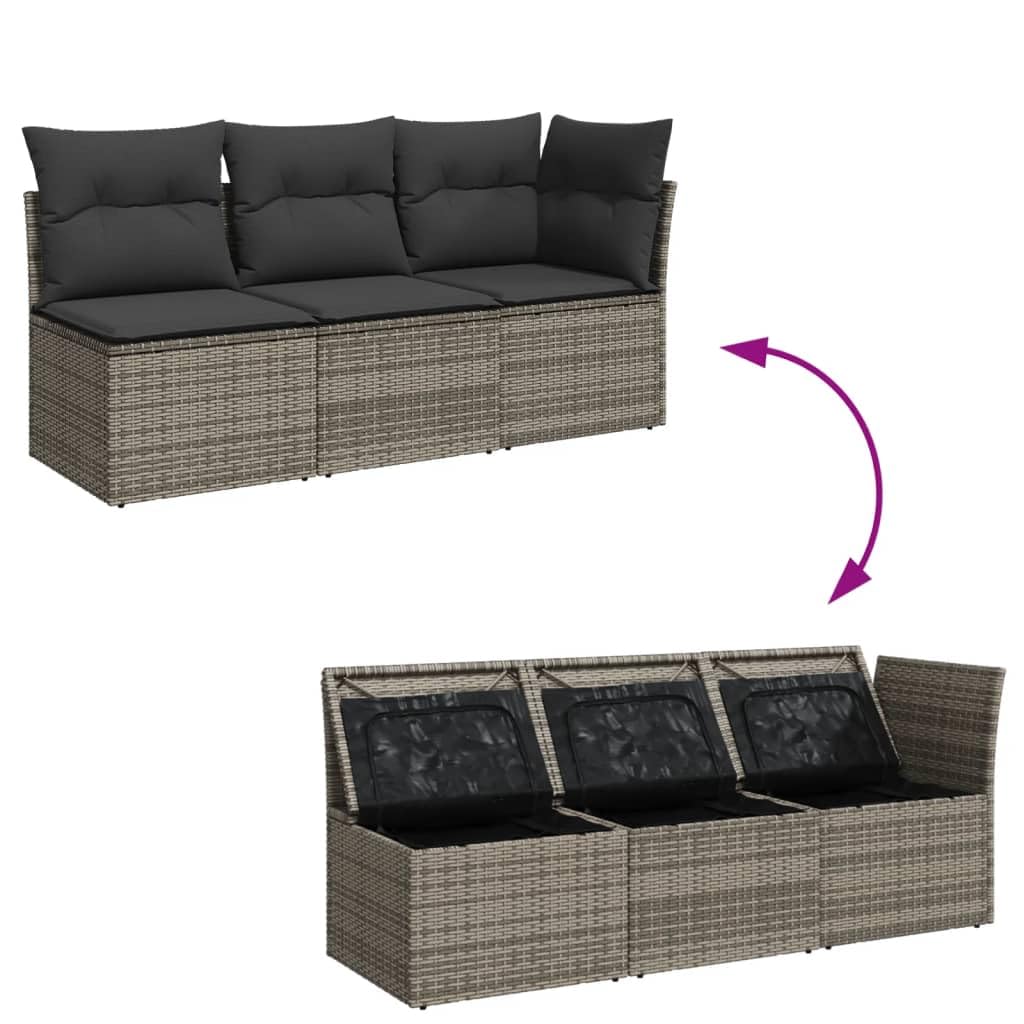 Divano da Giardino con Cuscini 3 Posti Grigio in Polyrattan,Divano Giardino,Divano Giardino Esterno,Divano Giardino per Esterno-366138