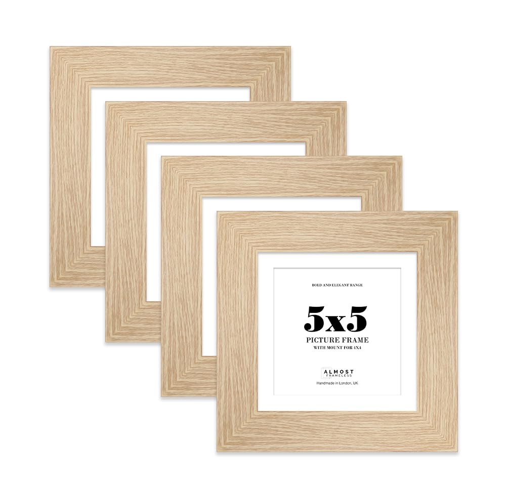 5x5" Oak Square Frame With Mount for 4x4" Pictures 28mm Edge Frame Display with Wall Hooks and Kickstand, 4 Pack
