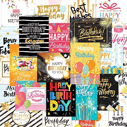 DEEPLAY 24 Holographic Birthday Card Assortment Foil Gold Blank Greeting Card Birthday Cards with Envelopes and Stickers Glossy Elegant Bulk Happy Birthday Notes (4.7 X 6.7)