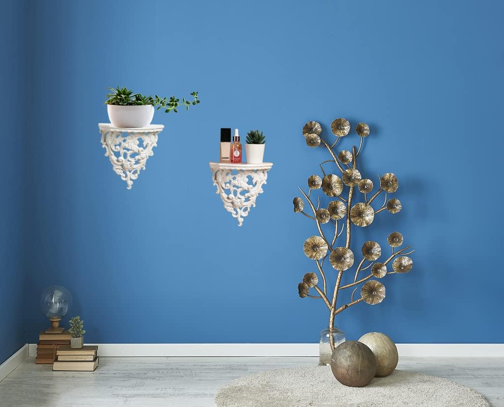 Z metnal Small Victorian Decorative Floating Shelves, Wall Mounted Decor Shelves, Classic Wall Display Organizer, Retro Hollow Carving Art Ornament Rack, Baroque Style Decorative Stand, White, Resin