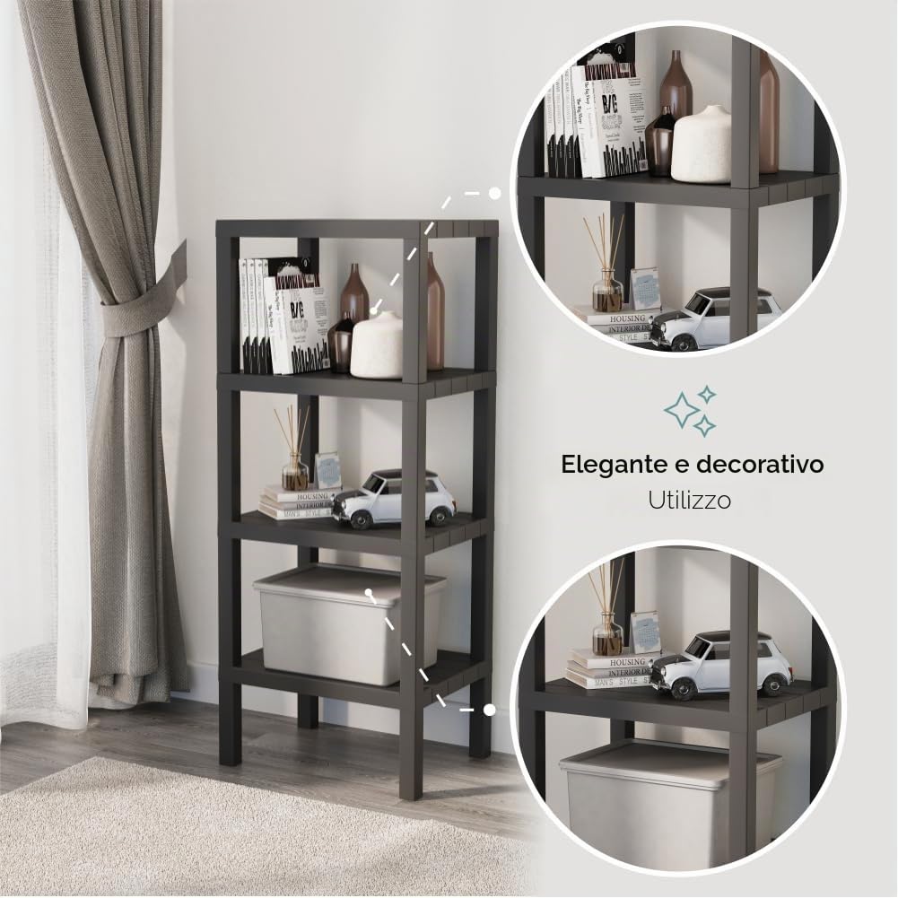 sugodesign Ombeg Scaffale a 4 ripiani, bianco/grigio/nero, in plastica, rettangolare, autoportante, moderno, multiuso, per bagno, cucina, soggiorno (nero)