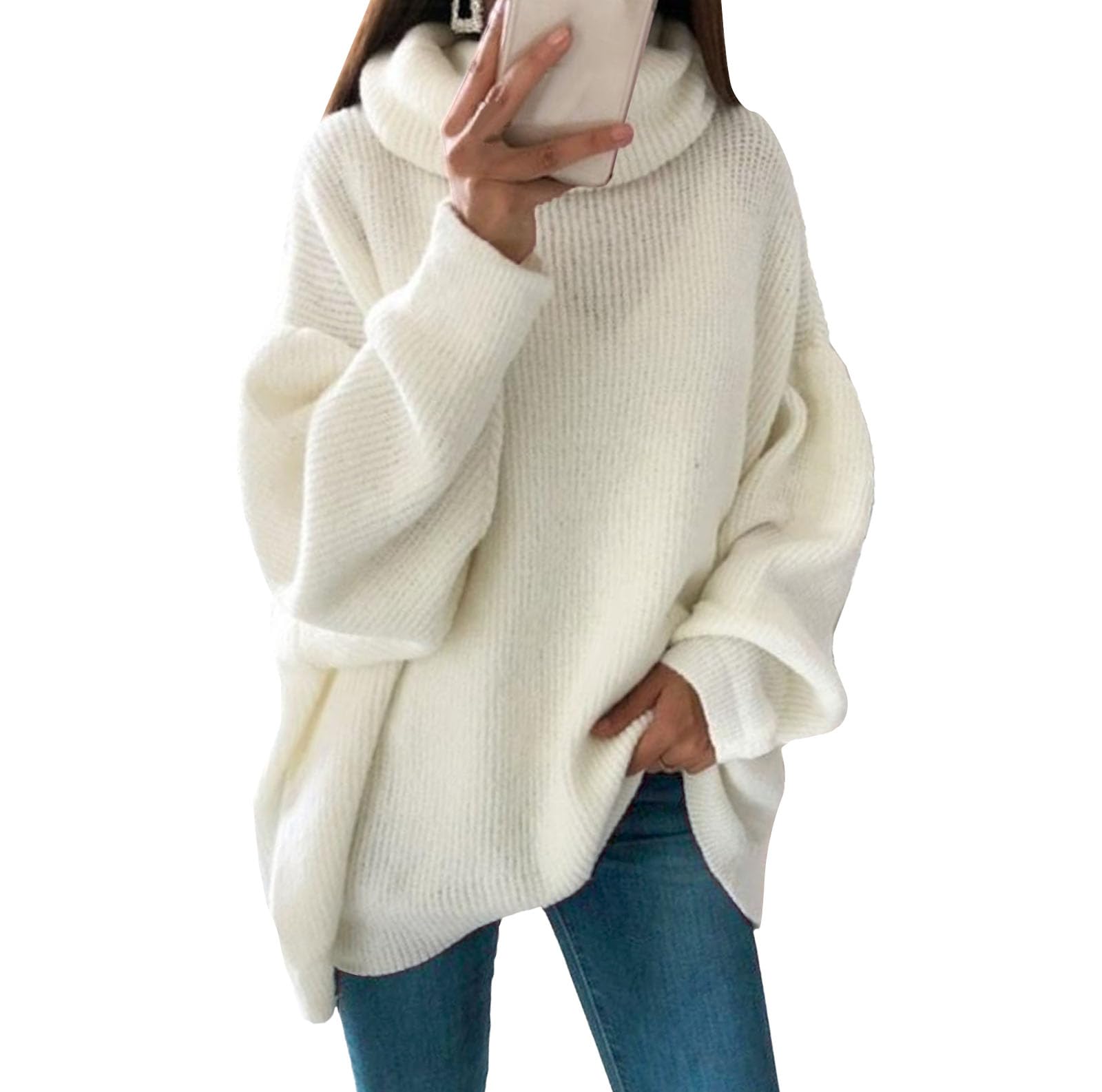 Womens Turtleneck Oversized Sweater Batwing Sleeve Chunky Knit Pullover Jumper Casual Loose Fit Fall Tops