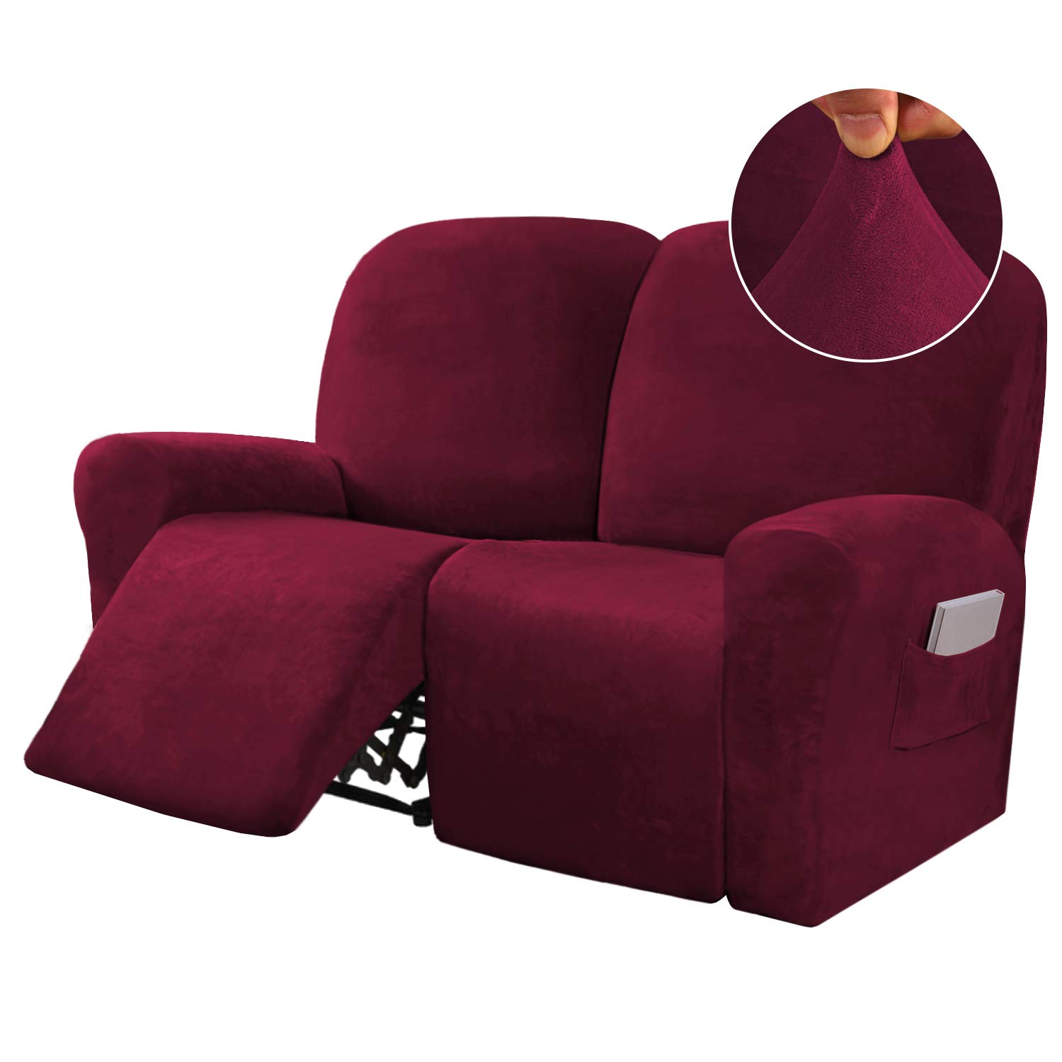 BellaHills 6-Pieces Recliner 2 Seater Covers Velvet Stretch Reclining Couch Covers for 2 Cushion Sofa Slipcovers Furniture Covers Form Fit Customized Style Thick Soft Washable, Burgundy โ image 1