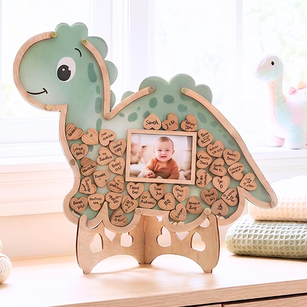 The Real Bossy Baby Baby Memory Keepsake Frame Guestbook – Luxury Baby Shower &amp; First Birthday Guest Book Alternative – Preserve Wishes, Messages &amp; First Year Memories in a Beautiful Nursery Display - Dinosaur &amp; One-A-Saurus Theme