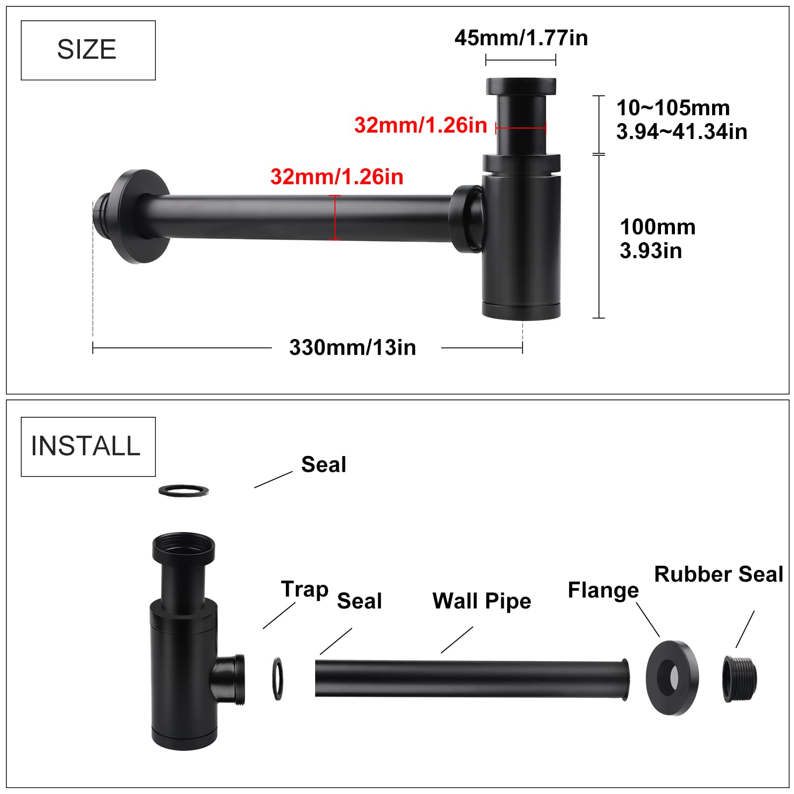 EXLECO Zwarte sifon met afvoergarnituur, 1 1/4 inch x 32 mm, roestvrij staal, sifon, geurafsluiter, verstelbaar, universele buissifon, buisvormige geursluiting voor wastafel, wastafel met