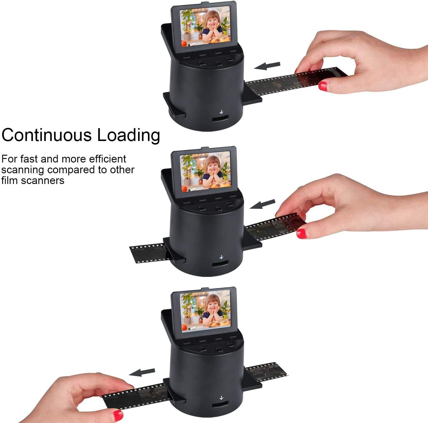 Three sequential images demonstrating continuous loading of film into the Jancane Digital Film & Slide Scanner using a film holder, showing the film being pushed through.