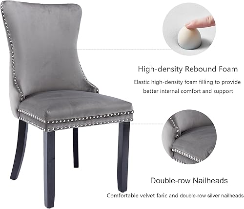 Miniatura 19 de Juego de 4 sillas de comedor de terciopelo negro, sillas de comedor tapizadas con respaldo copetudo con patas de madera maciza, sillas de comedor