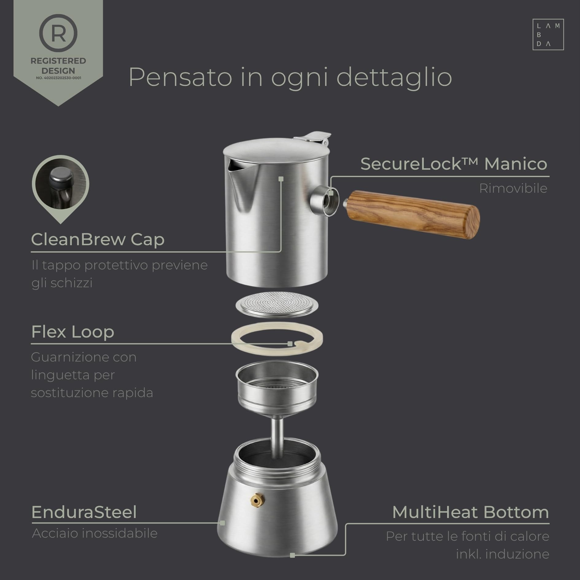 LAMBDA COFFEE® Caffettiera adatta per fornelli a induzione, 300 ml, in acciaio inox, 5-6 tazze, caffettiera per esterni