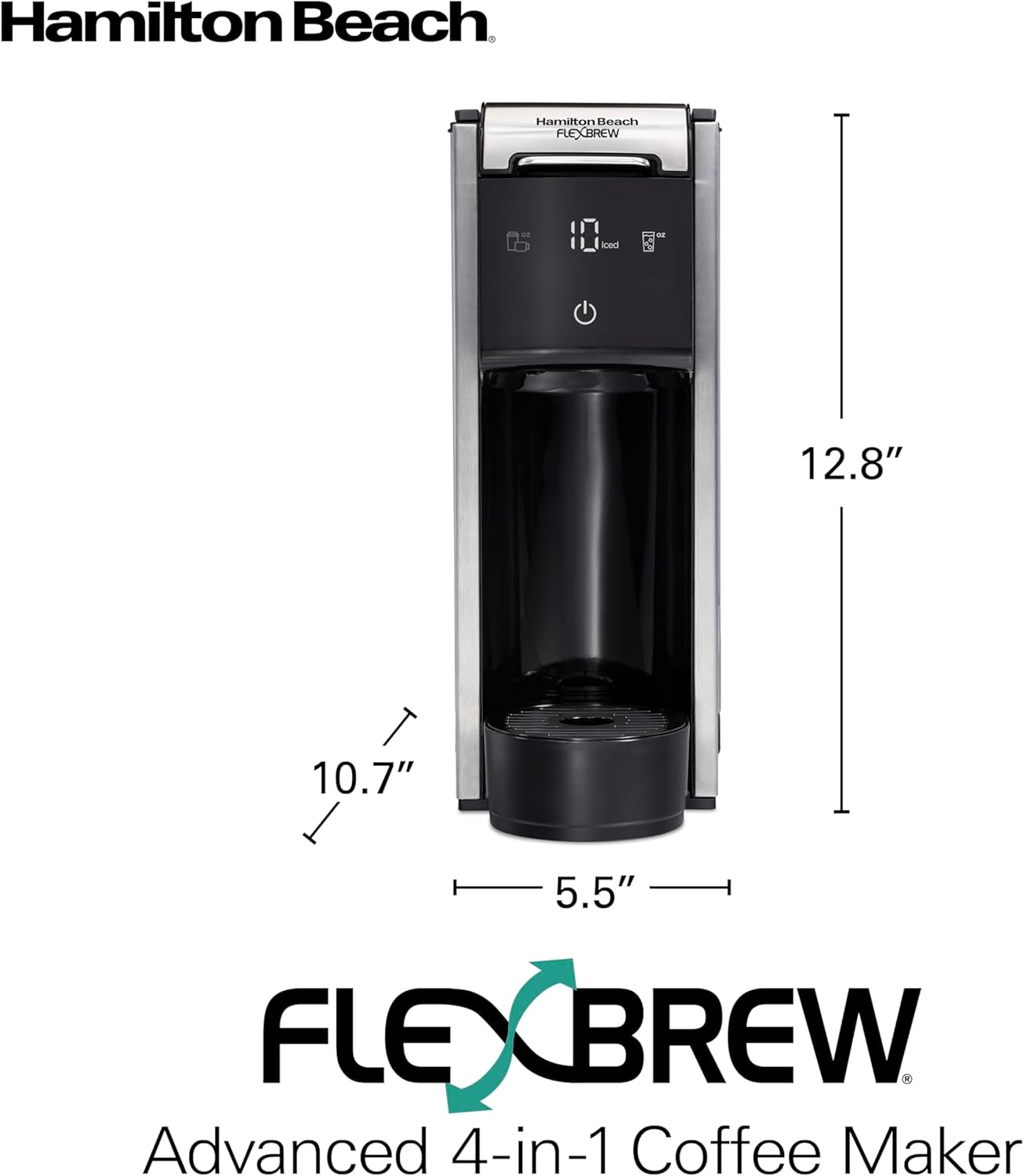 hamilton beach flexbrew advanced 4-in-1 single serve hot & iced coffee maker with removable 45 oz. water reservoir, use pod packs and grounds, fast brewing, led touchscreen, black (49925)