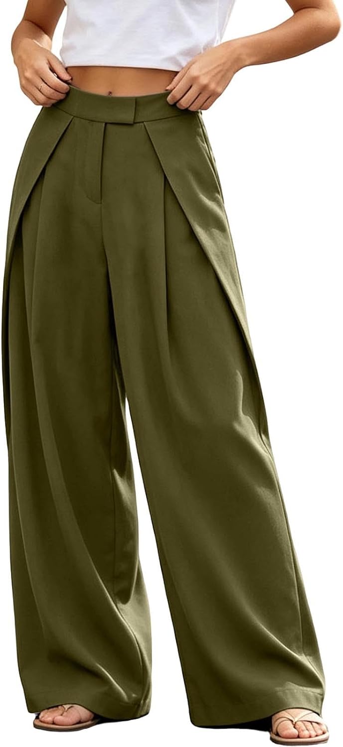 Women Wide Leg Dress Pants Casual Pleated Palazzo Work Slacks