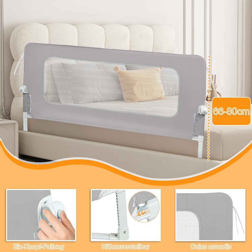 HUOLE Sponda di Sicurezza per Bambini, Barriere per letto,Barriera Letto Grande binari del letto per bambini per bambiniSponde Letto Bambini, Sponda per letto-150 * 73-86 cm - Grigio